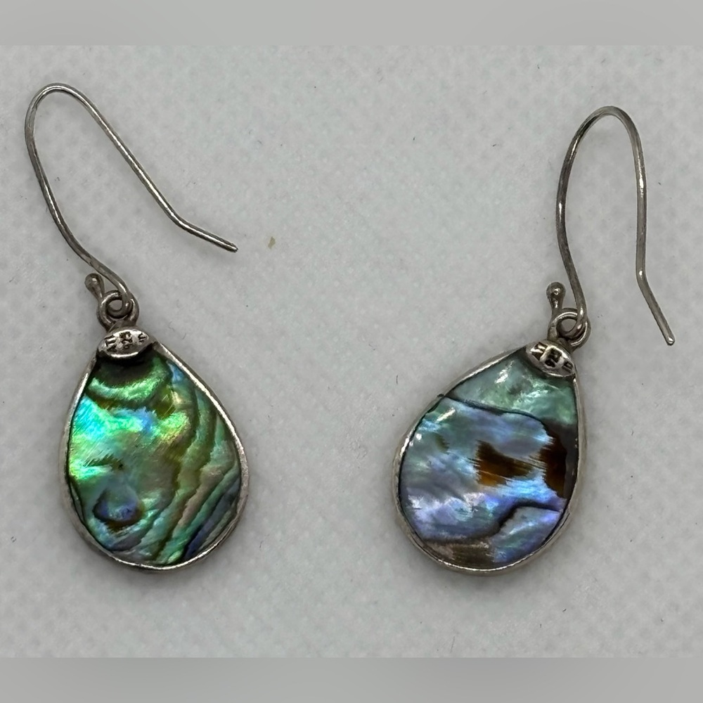 ABALONE SHELL STERLING SILVER TEARDROP DANGLE EARRINGS - Picture 3 of 5